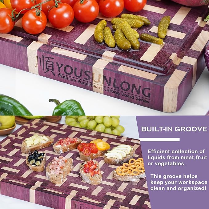YOUSUNLONG Extra Large Cutting Board End Grain Purple Heart Wood - Thickened-Heavy Duty Butcher Block 24"L x 18"W x 1.5"Th w/Juice Groove and Handle - Serving Tray for Meat & Cheese,Brisket Board