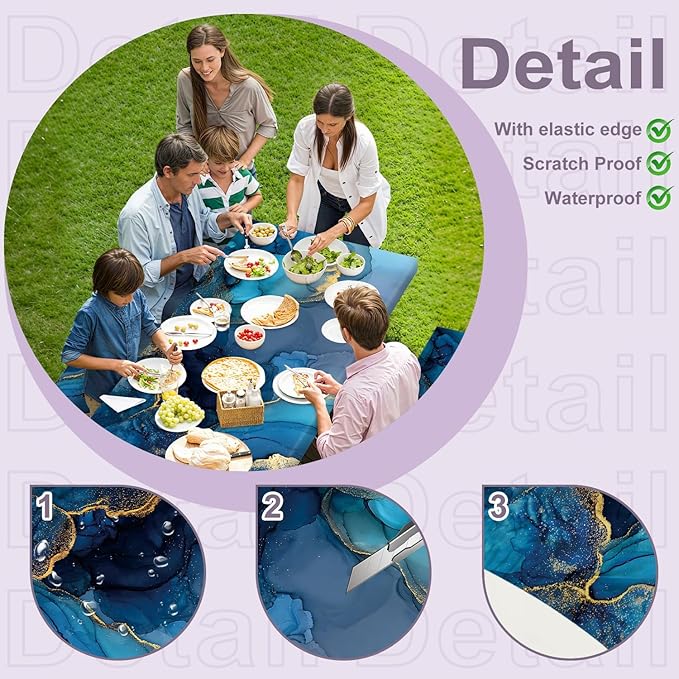 Marble Picnic Table Cover with Table Cover, Elastic Tablecloth for Outdoor Picnic Tables, Blue Ocean and Gold Texture Design, Tablecloth for Camping, Barbecue and Terrace Dining