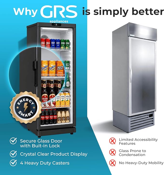 GRS Commercial Display Refrigerator, Glass Door Lock, Black, 6.0 Cu. Ft
