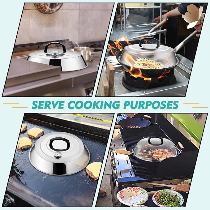 12Inch Cheese Melting Dome, HaSteeL Stainless Steel Round Basting Steaming Cover, Large Solid Griddle Dome & Grill Lid with Thermometer, For Flat Top Teppanyaki BBQ Camping Cooking Indoor & Outdoor