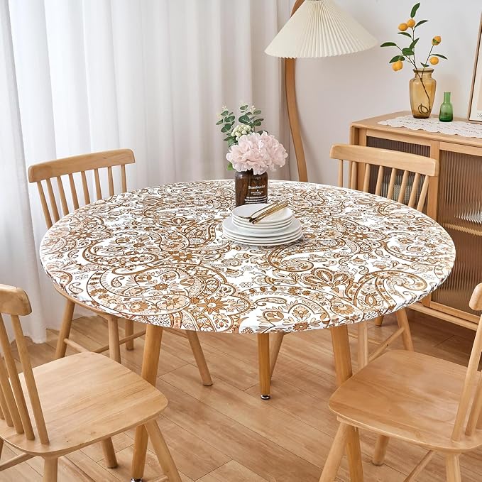 LIBERECOO Luxury Paisley Round Vinyl Tablecloth with Flannel Backing - Waterproof, Oilproof, Wipeable Dining Table Cover for Indoor/Outdoor Use - 40-44" Diameter