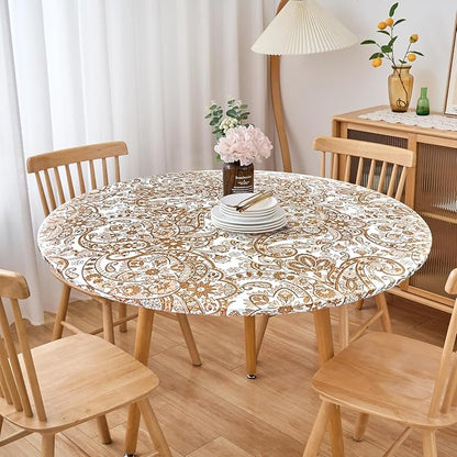 LIBERECOO Luxury Paisley Round Vinyl Tablecloth with Flannel Backing - Waterproof, Oilproof, Wipeable Dining Table Cover for Indoor/Outdoor Use