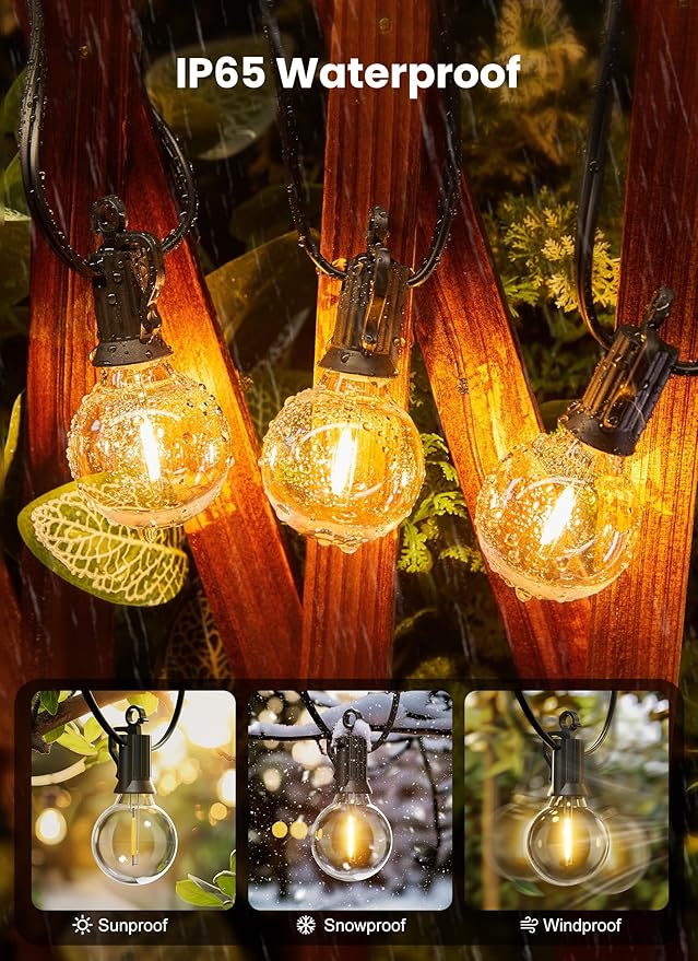 Brightown Outdoor String Lights, 25FT 12+1 G40 Bulbs Shatterproof Patio Lights, IP65 Waterproof Dimmable Hanging Connectable Globe LED Outdoor Lights for Backyard, Bistro, Porch, Deck, Balcony
