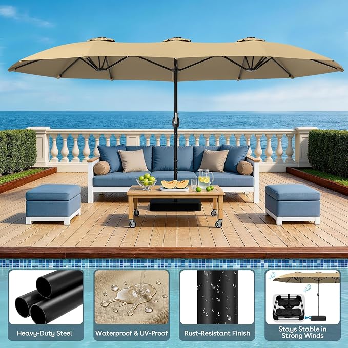 HOPERAN 15FT Patio Umbrella with Base Included, Large Outdoor Double-Sided Rectangle Table Umbrella with Easy Crank Lift, Market Umbrella for Backyard, Pool&Garden