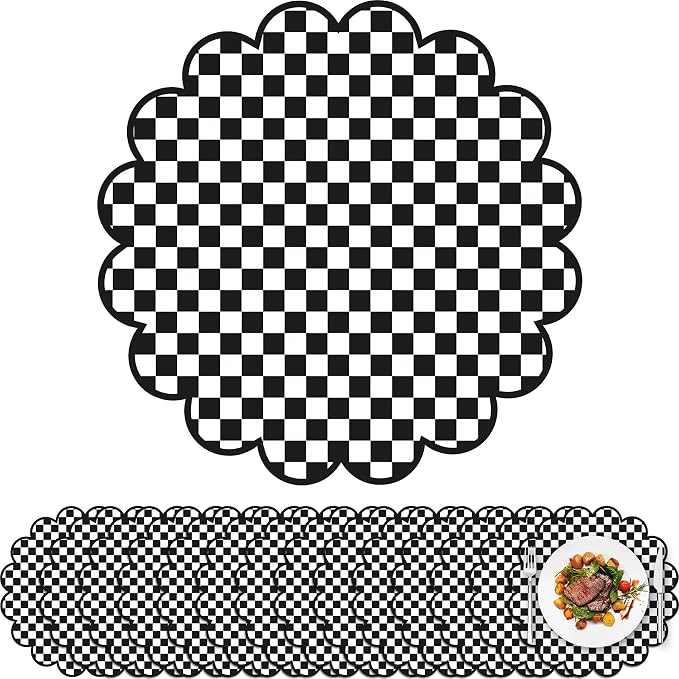100Pcs Checkered Paper Placemats Black Gingham Place Mats 13.5 Inch Disposable Round Decorative Dining Table Mat with Scalloped Edge Paper Cutouts Decor for Picnic BBQ Table Party Supplies