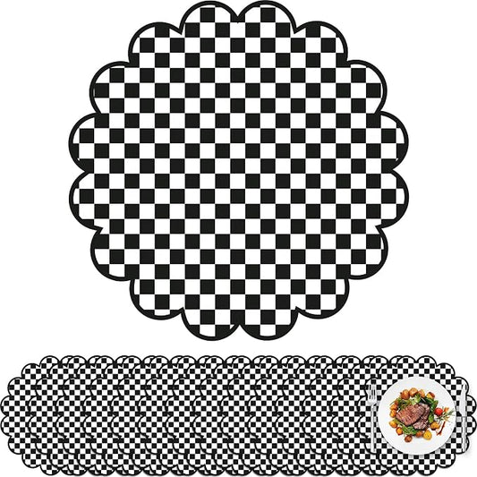 100Pcs Checkered Paper Placemats Black Gingham Place Mats 13.5 Inch Disposable Round Decorative Dining Table Mat with Scalloped Edge Paper Cutouts Decor for Picnic BBQ Table Party Supplies