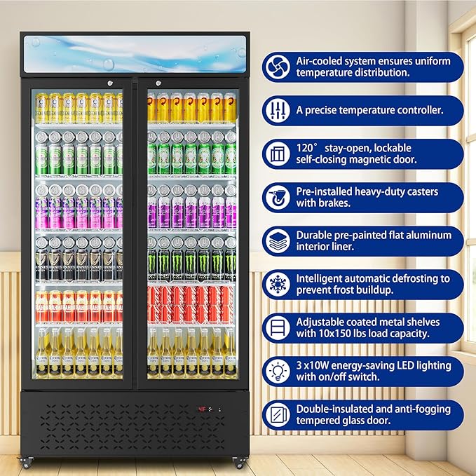 Beverage Cooler Commercial Refrigerator 30.3 Cu.Ft. Glass Door Display Refrigerator with LED Light, 10 Shelves, Display Commercial Beverage Refrigeratorfor Restaurant Cafe Bar Store (30.3 Cu.Ft.)