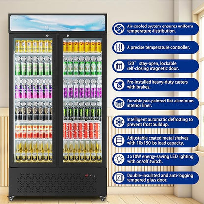 Beverage Cooler Commercial Refrigerator 30.3 Cu.Ft. Glass Door Display Refrigerator with LED Light, 10 Shelves, Display Commercial Beverage Refrigeratorfor Restaurant Cafe Bar Store (30.3 Cu.Ft.)
