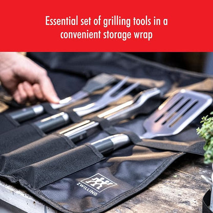 ZWILLING BBQ+ Grill Tool Set, 5-Piece Stainless Steel BBQ Accessories with Grill Spatula, Tongs, Fork, Basting Brush and Chef's Wrap, Durable, Easy to Clean and Travel-Friendly for Outdoor Grilling
