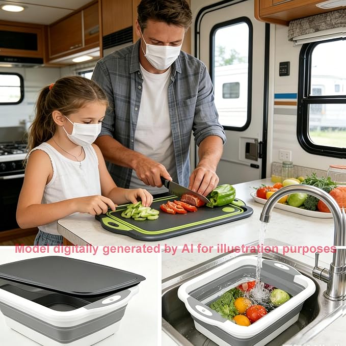 3-in-1 Folding Camping Cutting Board, Collapsible BBQ Prep Tub with Lid | Foldable Camping Chopping Board, PP+TPR Material Cutting Board, Folds to 1.5 Inch Slim for RV Camping & Small Kitchen (Green)