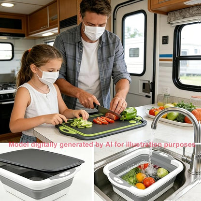 3-in-1 Folding Camping Cutting Board, Collapsible BBQ Prep Tub with Lid | Foldable Camping Chopping Board, PP+TPR Material Cutting Board, Folds to 1.5 Inch Slim for RV Camping & Small Kitchen (Green)