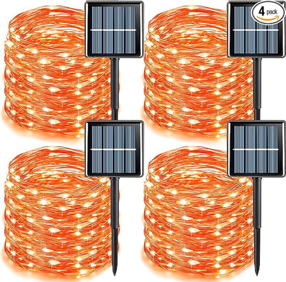 YEGUO Orange Solar Thanksgiving Lights Outdoor Waterproof, 4 Pack Each 33ft 100 LED Solar Fairy Lights, 8 Modes Solar String Lights