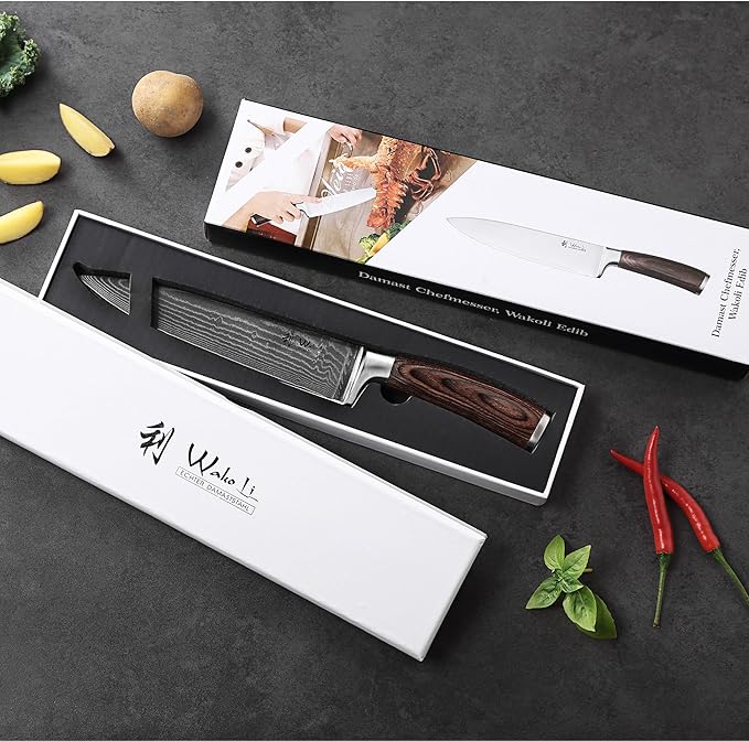 Wakoli EDIB Damascus Chef Knife – 7.9-Inch Japanese-Style Kitchen Knife, 67-Layer Damascus Steel Blade with VG10 Core, Ergonomic Pakkawood Handle – Professional Cooking Knife in Elegant Gift Box