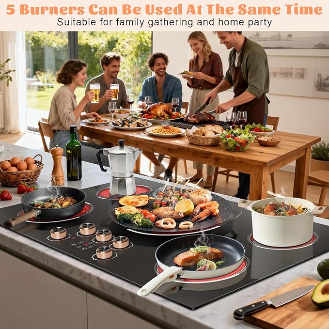 36 Inch Electric Cooktop 220V, 9200W Powerful 5 Burner Electric Stove Top, Built-in Ceramic Cooktop 36" with Dual/Triple Ring Burner, Knob & Touch Control, Safety Lock, 220-240V Hard Wire