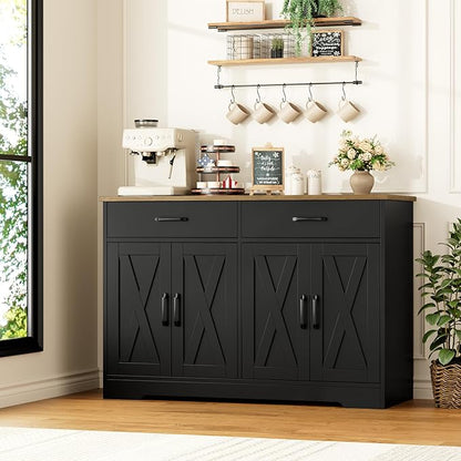 HOSTACK Buffet Cabinet with Storage, 47.2" Kitchen Sideboard Buffet with Drawers, Modern Farmhouse Coffee Bar Station with Shelves, Barn Doors Storage Cabinet for Living Room, Black/Rustic Brown