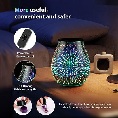 inrorans Glass Electric Wax Melt Warmer Oil Burner with Stable Heating PTC Reusable Silicone Tray 7 Colorful Changing Led Light Night Light Scent Warmer for Home Fragrance Warmers-Firework