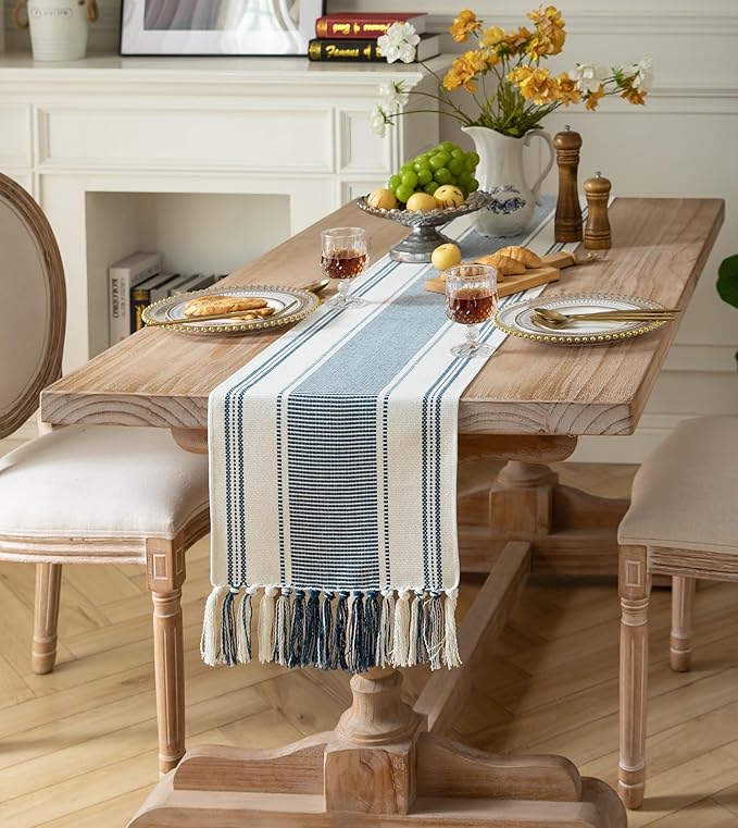 Caflife Boho Table Runner Blue and White for Modern Farmhouse Decor,Natural Cotton Woven Runner with Tassels for Home Dining Table décor 13 x 90 Inch Long
