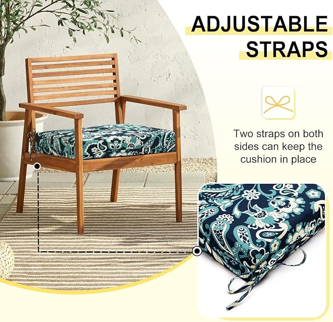 downluxe Outdoor Chair Cushions Set of 4 for Patio Furniture, Water-Resistant Square Corner Patio Chair Cushions with Ties, High Density Foam Outdoor Seat Cushion, 18.5" X 16" X 3", Green Paramecium