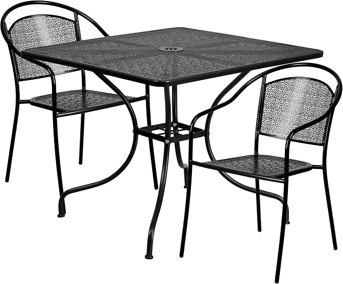 Flash Furniture 35.5" SQ Patio Table Set - 2 Round Back Chairs, Sky Blue | Commercial Grade, Indoor/Outdoor, Steel Frame, Resists UV Fading