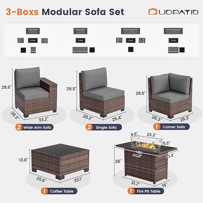 UDPATIO Patio Furniture Set with Fire Pit Table, 8 Inch Armrest 7 Piece Outdoor Sectional Sofas, All-Weather Wicker Conversation for Garden, Backyard, Brown/Dark Grey