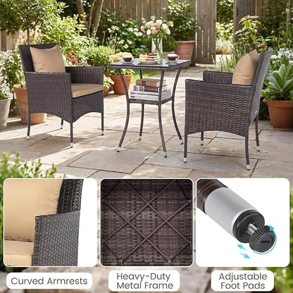 Tangkula 3 Pieces Patio Wicker Bistro Set, 2 Rattan Chairs w/ 2-Tier Tempered Glass Table, Outdoor Conversation Furniture Set with Cushions for Backyard, Porch, Poolside (Mix Brown+Beige)