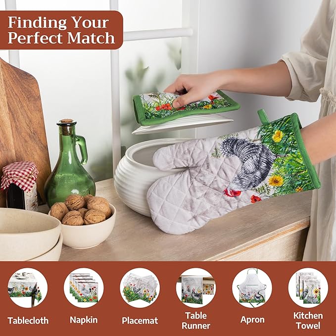 Maison d' Hermine Pot Holders 100% Cotton Heat Resistant Potholders 8" x 8" Hot Pads with Loop BBQ Cooking Baking Hotel Farmhouse Kitchen Handling Hot Pans Spring Summer (Pack of 2, Basse Cour)