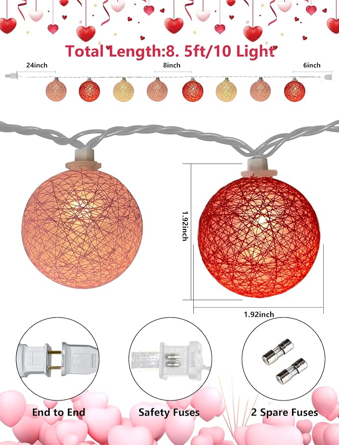 Red Pink and White Cotton Ball String Lights, 8.5Ft Valentine's Day Plug in Fairy Lights with 10 LED Colored Cotton Ball Bulbs, Hanging Globe Cozy Lighting for Girls Bedroom Party Birthday Home Decor