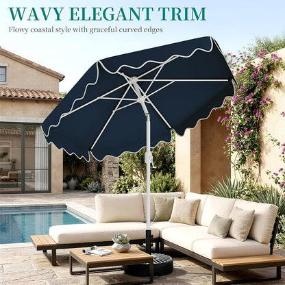 AreShark 7.5FT Outdoor Patio Umbrella with Wavy Trim (Navy) | Market Table Umbrellas w/ 6 Sturdy Ribs, Crank & Tilt, White Pole, Pool Umbrella with UV-Fade Resistant Fabric, Heavy Frame