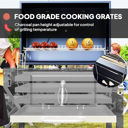 Premium Durable Robust Heavy-Duty Portable Charcoal Barbecue Grill with Side Table Bottom Storage Shelf Wheels Handle Black