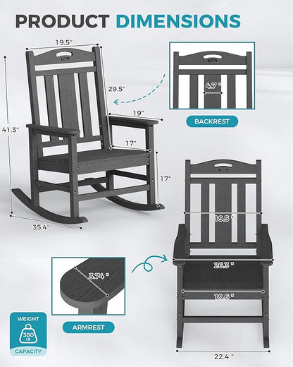 Ciokea Oversized Outdoor Rocking Chairs Set of 2, 380lbs Heavy-Duty Large Patio Rocker, High Back Cozy Porch Chairs, Weather Resistant Patio Rocking Chairs for Outside, Fire Pit, Deck, Dark Grey