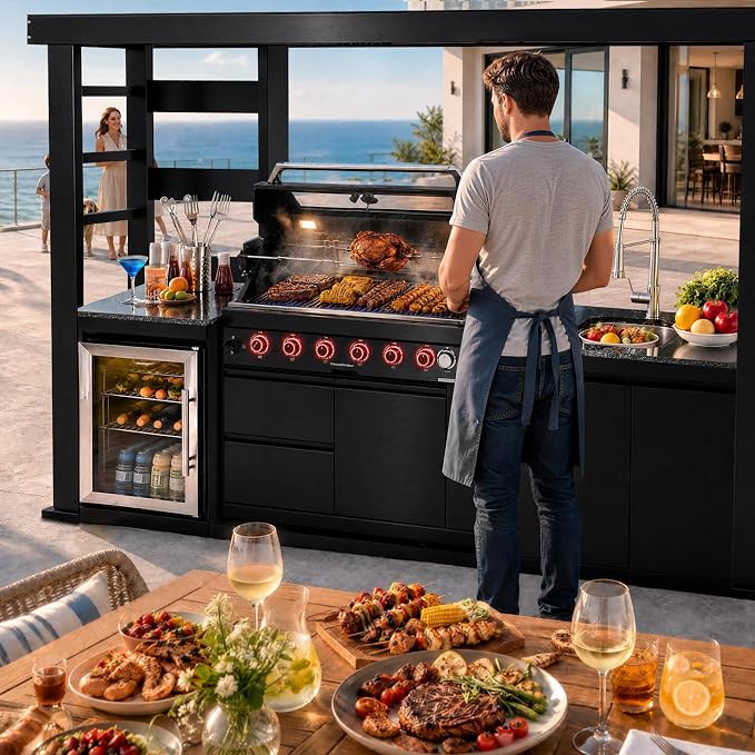 107.8" 6-Burner Modular Outdoor Kitchen Island, 85000 BTU Propane Gas Grill | Rear Infrared, Galvanized Steel Roof, Granite Countertop, Fridge, 360° Pull-Out Faucet,304 Sink, Rotisserie