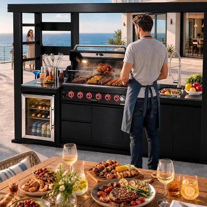 107.8" 6-Burner Modular Outdoor Kitchen Island, 85000 BTU Propane Gas Grill | Rear Infrared, Galvanized Steel Roof, Granite Countertop, Fridge, 360° Pull-Out Faucet,304 Sink, Rotisserie
