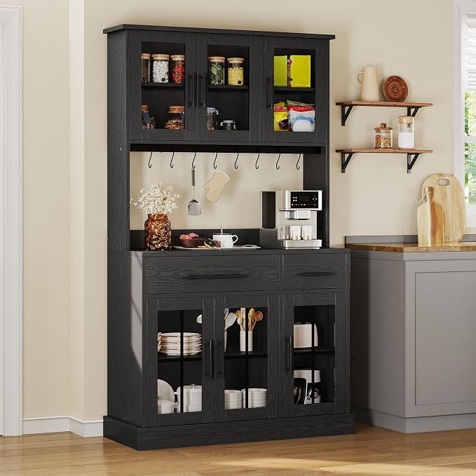 YITAHOME 71'' Kitchen Pantry Storage Cabinet with Microwave Stand, Tall Freestanding Hutch Cabinet with Power Outlet, Pantry Cabinets with Buffet Cupboard, Drawers and Acrylic Doors for Home, Black | Tall Freestanding Hutch Cabinet with Power Outlet, P...