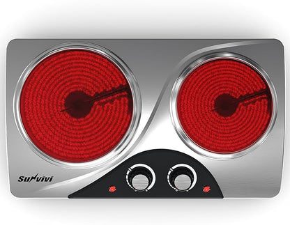Sunvivi 1800W Dual Burner Portable Electric Ceramic Stove – Knob Control, Indicator Light, Compatible with All Cookware, Ideal for Multiple Cooking Scenarios, Silver