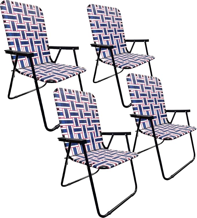 Lawn Chair Folding Steel Webbing Chaise Patio Lounger Seat Wood Handles Great for Camping, Beach, Fishing, Backyard, Stadium, Pool, Boating, and Sports 4 Pack Blue/Red