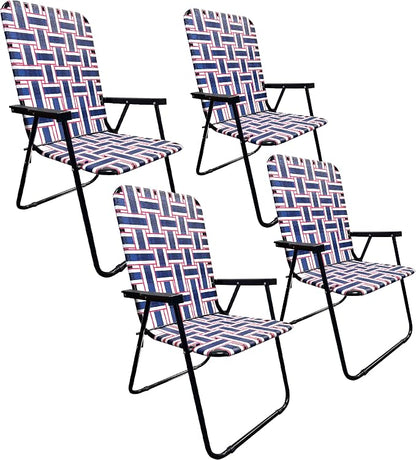 Lawn Chair Folding Steel Webbing Chaise Patio Lounger Seat Wood Handles Great for Camping, Beach, Fishing, Backyard, Stadium, Pool, Boating, and Sports 4 Pack Blue/Red