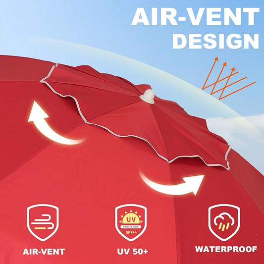 AMMSUN 6.5ft Portable Patio Beach Umbrella for Sand with Tilt, Air Vent | UPF50+ Sun Protection, Windproof Outdoor Umbrellas with Carry Bag, for Patio Beach Garden Pool Backyard, Burgundy Red