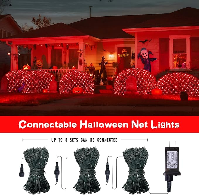 JMEXSUSS 360 LED Halloween Net Lights, Red, 12ft x 5ft | Outdoor Waterproof, Connectable, Plug in, Mesh Lights with Remote for Bushes Shrubs Christmas Halloween Decorations