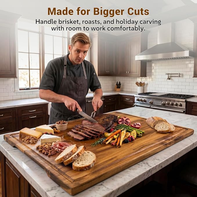 Sentsu Extra Large Acacia Wood Cutting Board 36 x 24 in, Deep Juice Groove | 100% solid acacia, handles, carving, serving, noodle board and countertop extender for turkey, brisket and BBQ