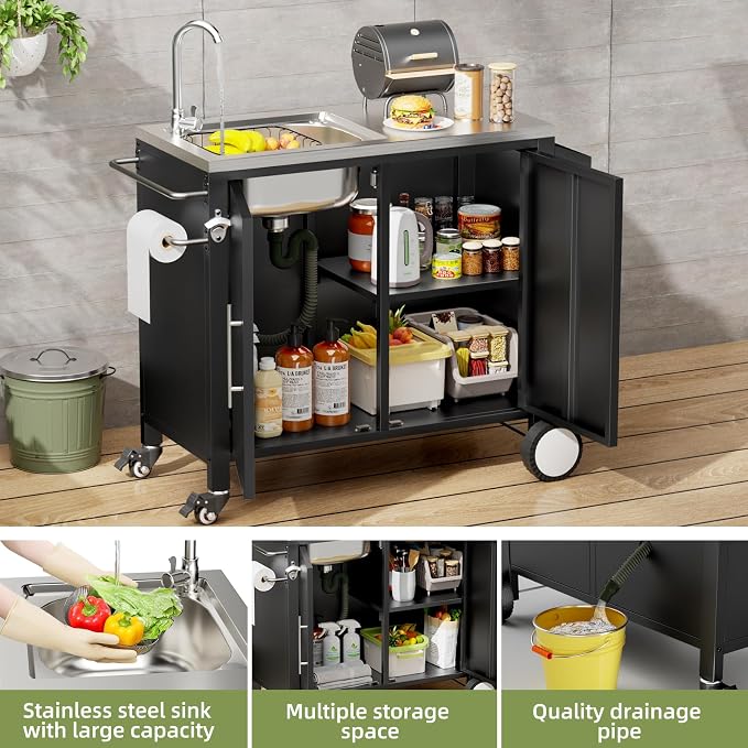 NicBex Outdoor Grill Cart with Sink & Cabinet, 304 Stainless Steel Rolling Bar Cart with Wheels, Spice Rack, BBQ Storage Cart, Black Outdoor Patio Prep Table, Black