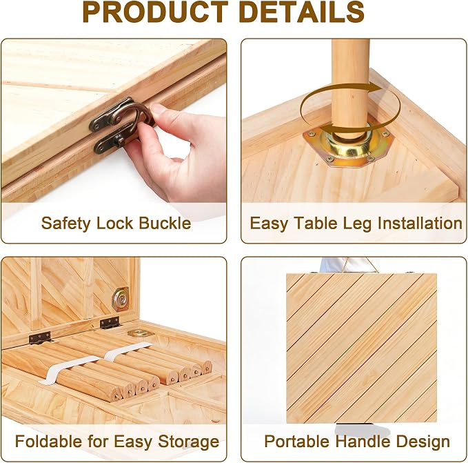 Folding Picnic Table for Indoor Outdoor, Portable Boho Low Picnic Table with Table Runner, 60" x 30" Wooden Table for Camping, Wedding, Beach, Garden, Party, Seats 6-8 People