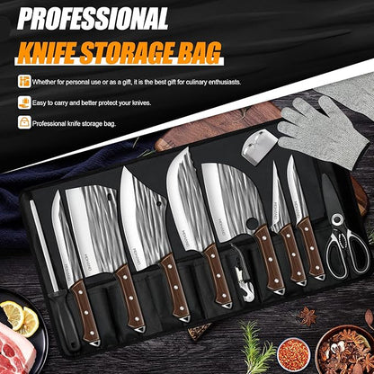 MDHAND Butcher Knife Set, 14PCS Hand Forged Serbian Chef Knife Set with Roll Bag, Heavy Duty Meat Cleaver Knives, Boning Knife, Meat Cutting Knife for Home Kitchen & Camping BBQ, Gifts for Men Women