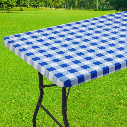 Smiry Rectangle Picnic Table Cloth, Elastic Waterproof Fitted Vinyl Tablecloths, Flannel Backed Buffalo Plaid Table Covers for Dining, Camping, Outdoor (White and Blue, 30" x 96")