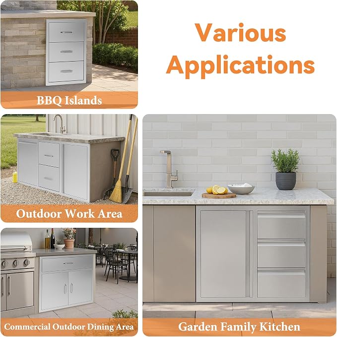 Jocisland 28-Inch Stainless Steel Outdoor Kitchen Drawer Cabinet | 28 W x 20 D x 23 H In, 3-Tier Cabinet and 3-Drawer Combo, Built-In BBQ Island Storage