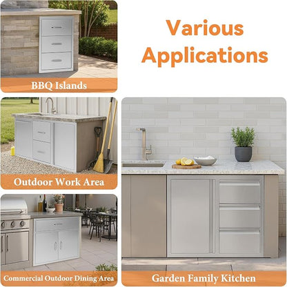 Jocisland 28-Inch Stainless Steel Outdoor Kitchen Drawer Cabinet | 28 W x 20 D x 23 H In, 3-Tier Cabinet and 3-Drawer Combo, Built-In BBQ Island Storage
