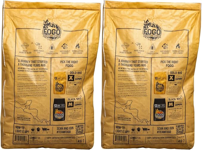 FOGO Premium Hardwood Lump Charcoal, Natural, Large Sized Lump Charcoal for Grilling and Smoking, Restaurant Quality, 17.6 Pound Bag, 2-Pack
