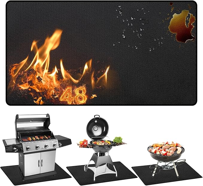 48" x 36" Grill Mats for Outdoor Grill, 2000°F Fireproof Under Grill Mat, Double-Sided Silicone Grill Pads for Deck Protector, Waterproof Oil-Proof BBQ Grill Matt for Fire Pit, Black
