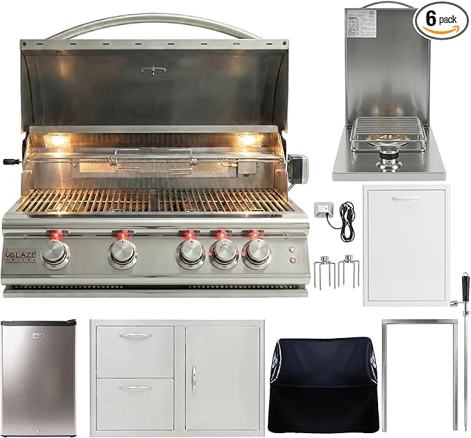 BLAZE BBQ Outdoor Grill Package 3 of 32” LTE Built-in Natural Gas Grill, Dop-In Single Side Burner, 32” Door & Two Drawers Combo, Double Trash Drawer, 20” Compact Refrigerator, and Accessories