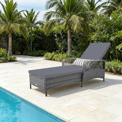 Tangkula Wicker Chaise Lounge Outdoor Set of 2, Patio Rattan Reclining Chaise with 6-Gear Adjustable Backrest, Thick Padded Cushion & Removable Lumbar Pillow, Pool Lounge Chairs (Grey)