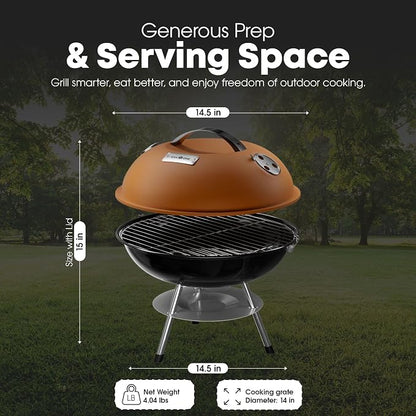 GasOne 14-inch Portable Charcoal Barbecue Grill with Thermometer Lux Brown | 3-Point Locking Lid for Heat Preservation – Dual Venting System – Small Charcoal Grill for Backyard, Camping, Boat